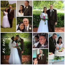 A collage of an interracial marriage photos, including huge smiles from the bride and groom