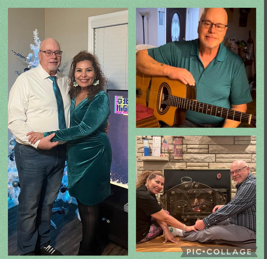 A collage of photos for newly engaged Christians. Shown are the happy couple in front of a Christmas tree, the fireplace and the fiance with this guitar