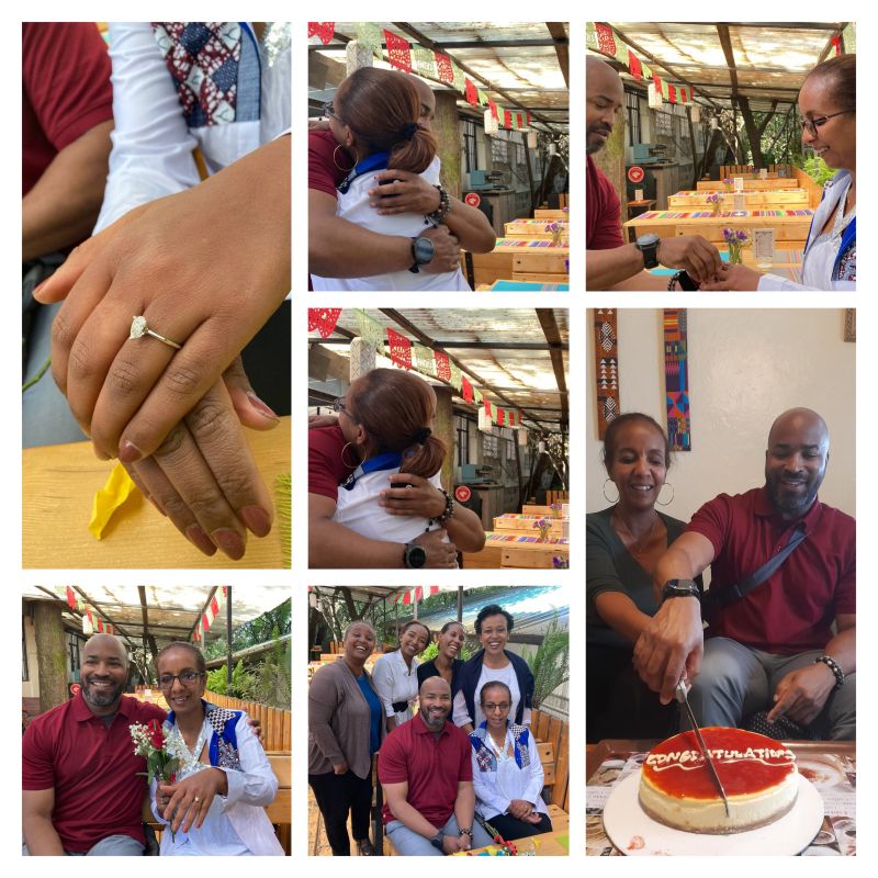 A collage of engagement photos for former Christian singles. Shown are the ring, cake and family