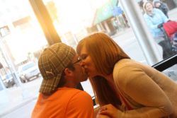 Benjy and Tricia kiss over coffee at Starbucks